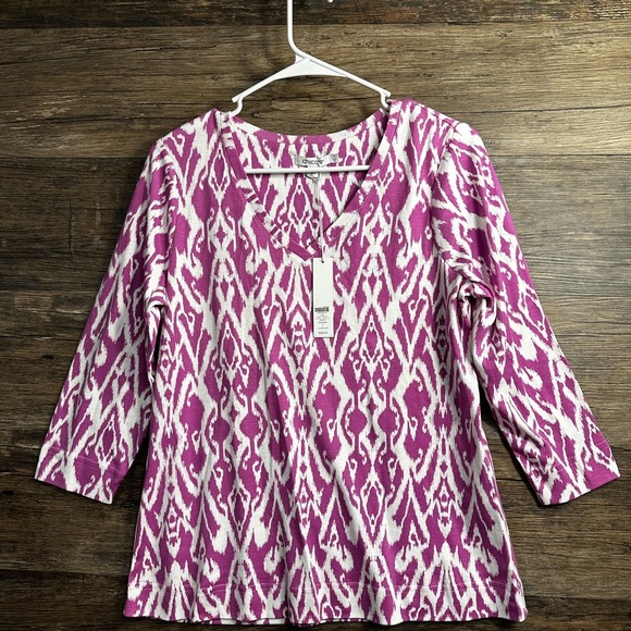 Chico's Pima Cotton Purple and White Boxy Blouse with 3/4 Sleeves - Picture 1 of 9